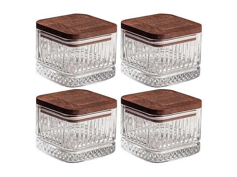 Ensemble pots en verre avec couvercle bois 4 pots carrés - Bella