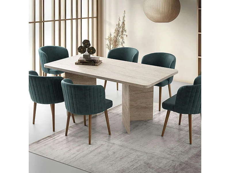Table à manger design effet travertin pieds V 180 cm MARFA
