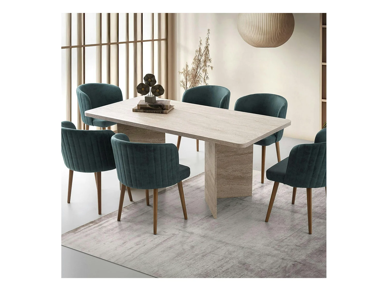 Table à manger design effet travertin pieds V 180 cm MARFA