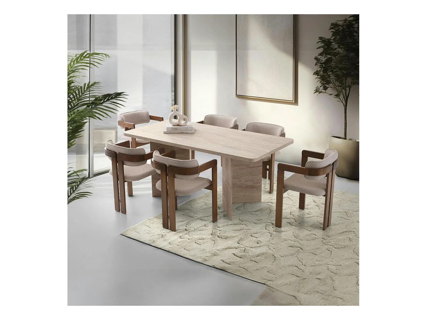 Table à manger design effet travertin pieds V 180 cm MARFA