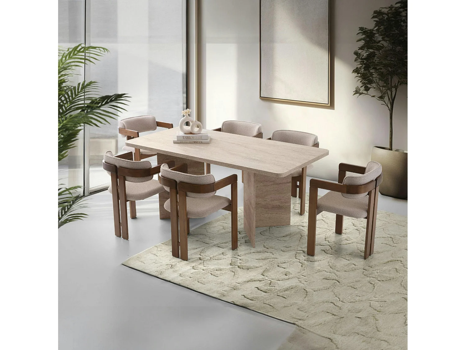 Table à manger design effet travertin pieds V 180 cm MARFA