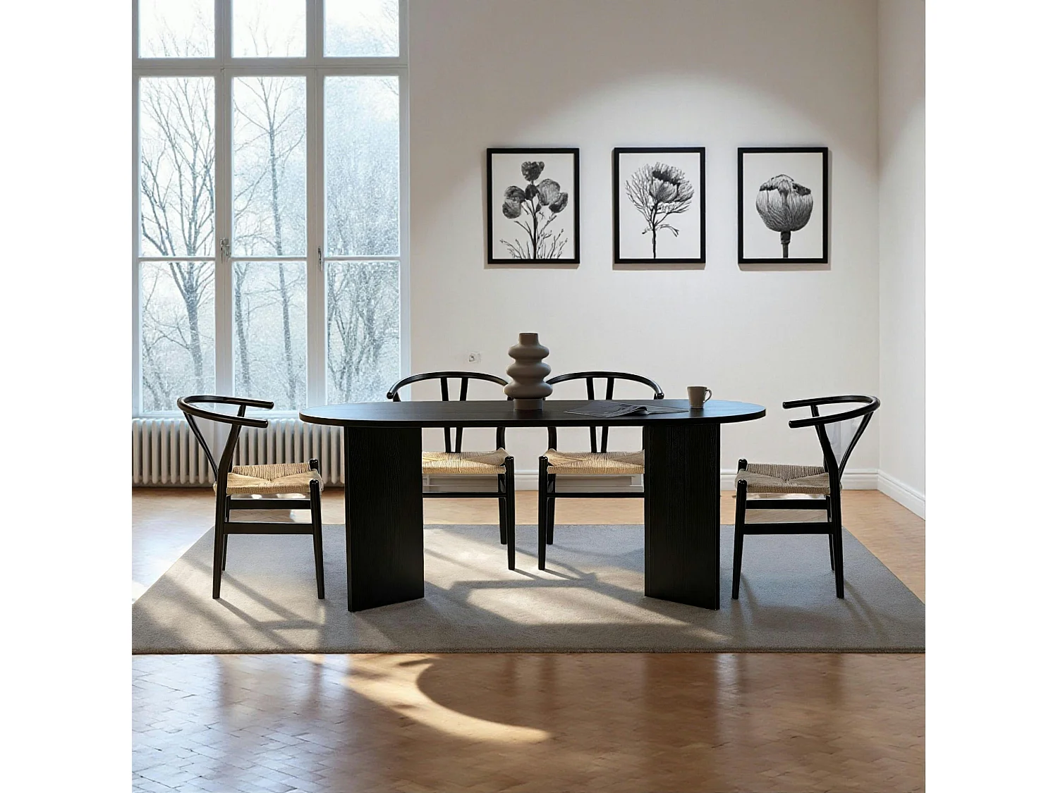 Table à manger ovale effet bois noir pieds en V 200 cm MARFA