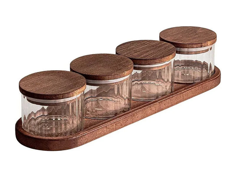 Ensemble pots en verre avec couvercle et plateau bois 4 pots ronds - Liny