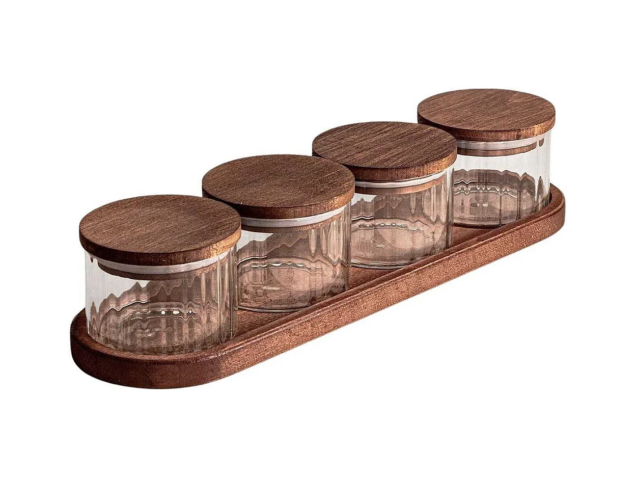 Ensemble pots en verre avec couvercle et plateau bois 4 pots ronds - Liny