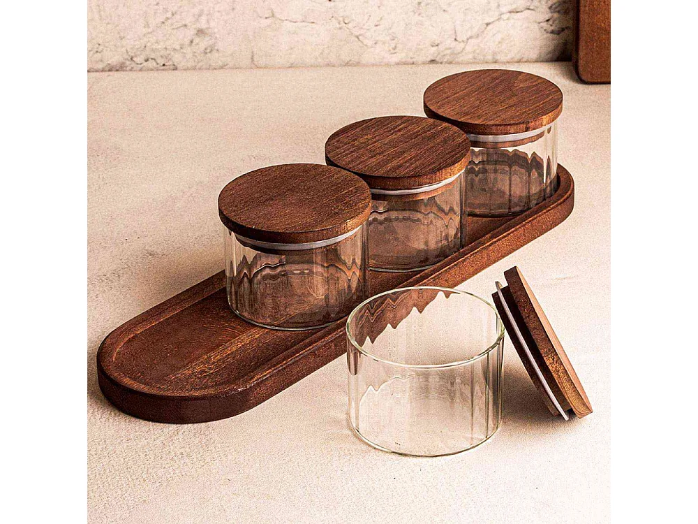 Ensemble pots en verre avec couvercle et plateau bois 4 pots ronds - Liny