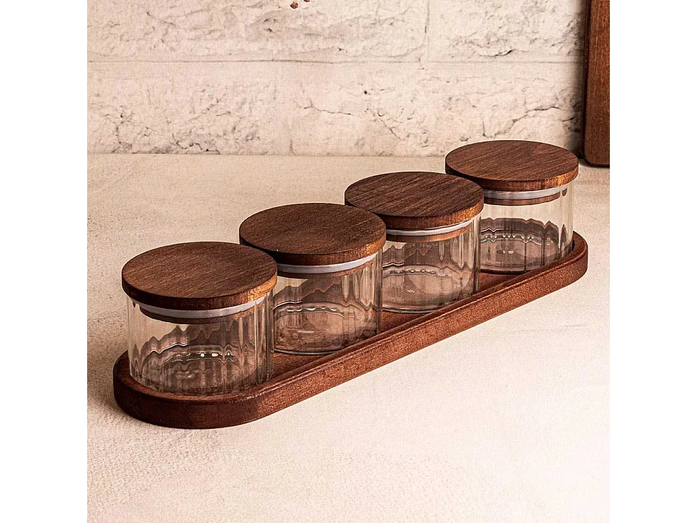 Ensemble pots en verre avec couvercle et plateau bois 4 pots ronds - Liny
