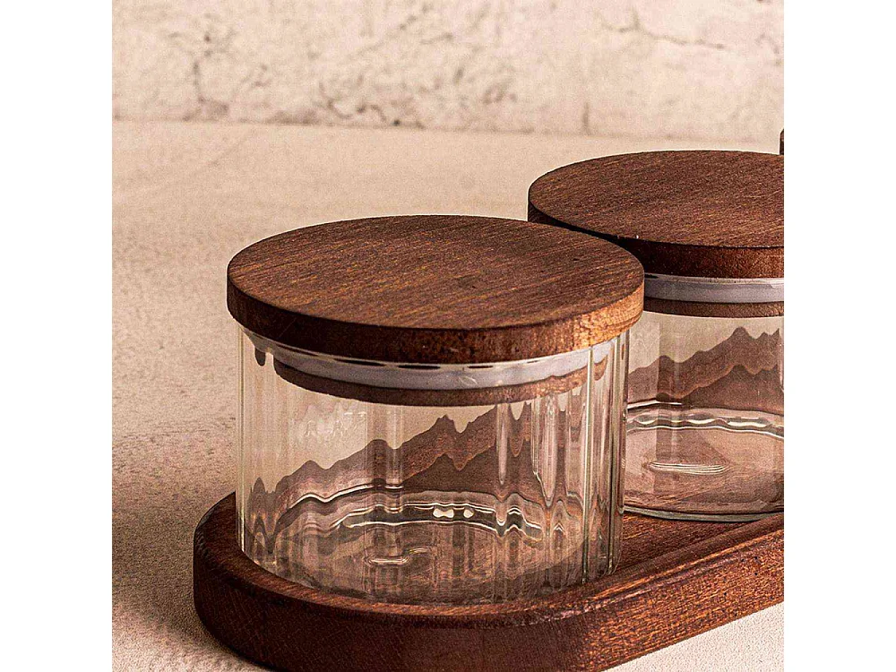 Ensemble pots en verre avec couvercle et plateau bois 4 pots ronds - Liny