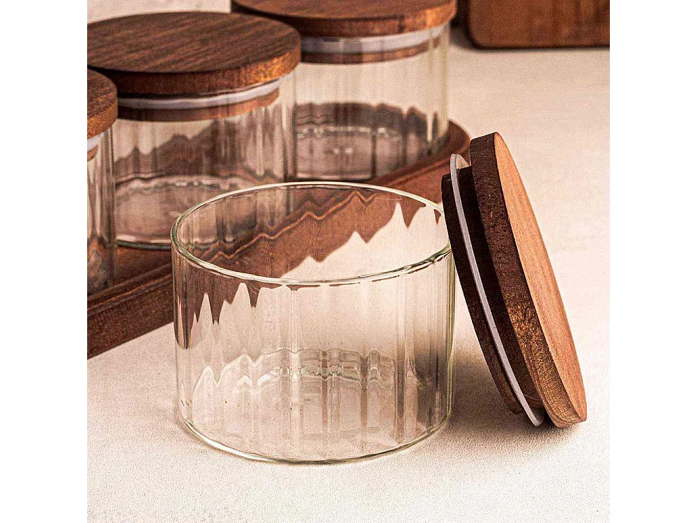 Ensemble pots en verre avec couvercle et plateau bois 4 pots ronds - Liny