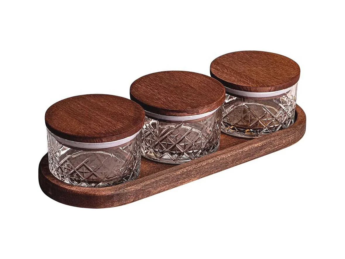 Ensemble pots en verre avec couvercle et plateau bois 3 pots ronds - Milla