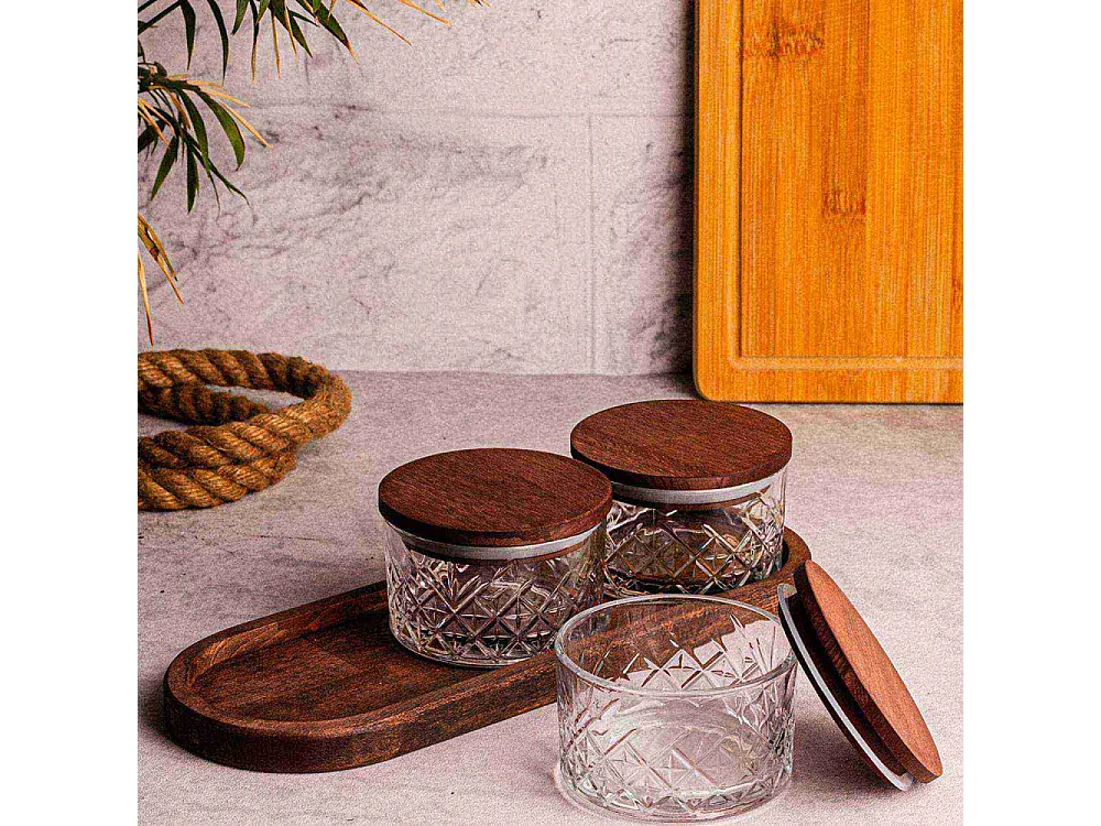 Ensemble pots en verre avec couvercle et plateau bois 3 pots ronds - Milla