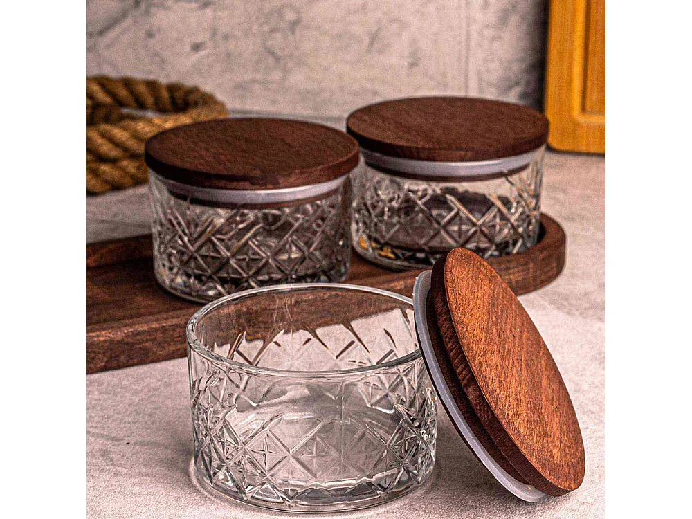 Ensemble pots en verre avec couvercle et plateau bois 3 pots ronds - Milla