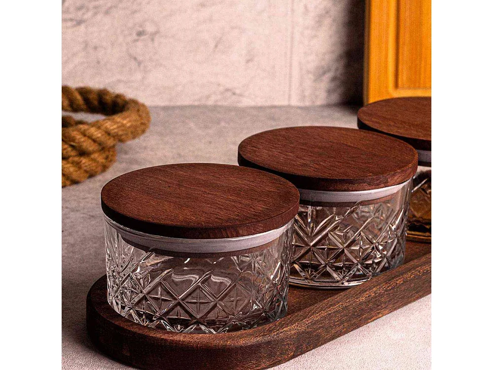 Ensemble pots en verre avec couvercle et plateau bois 3 pots ronds - Milla
