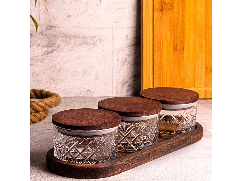 Ensemble pots en verre avec couvercle et plateau bois 3 pots ronds - Milla