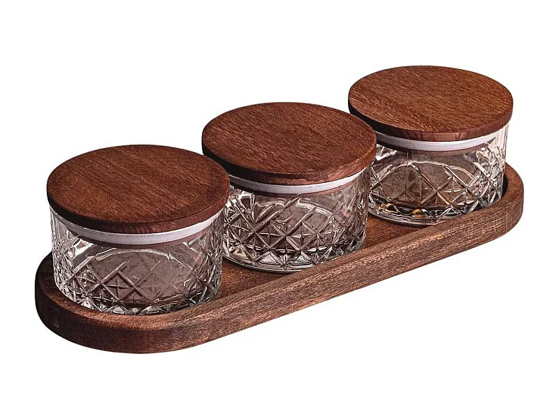Ensemble pots en verre avec couvercle et plateau bois 3 pots ronds - Milla