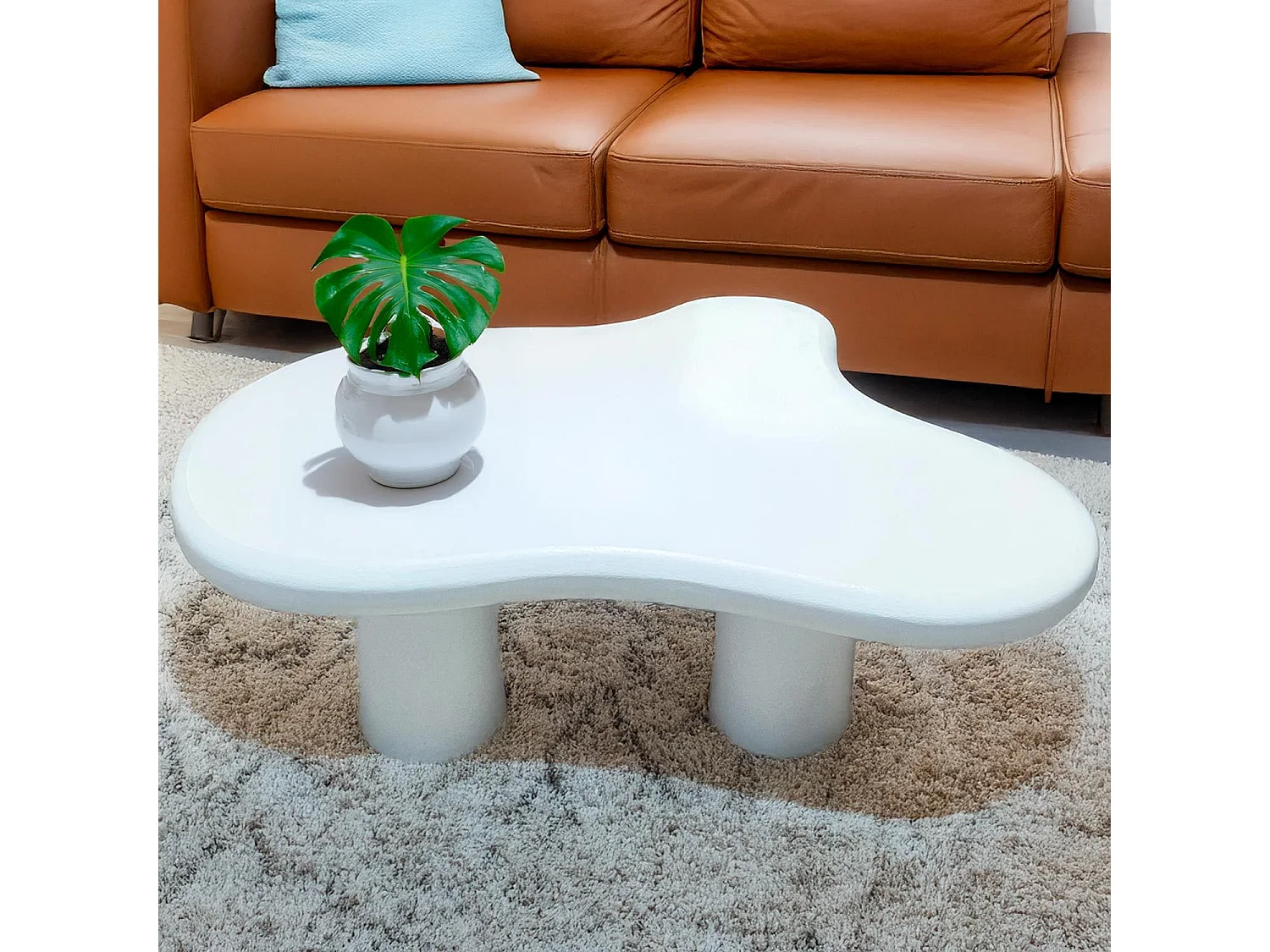 Table basse forme courbes naturelles Valdo 69x100cm Blanc texturé