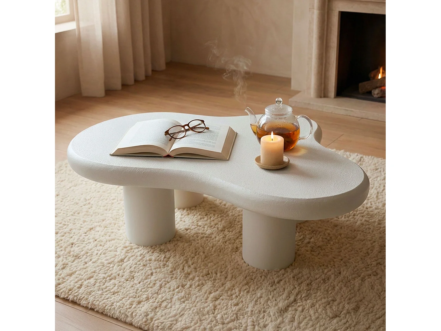 Table basse forme courbes naturelles Valdo 69x100cm Blanc texturé
