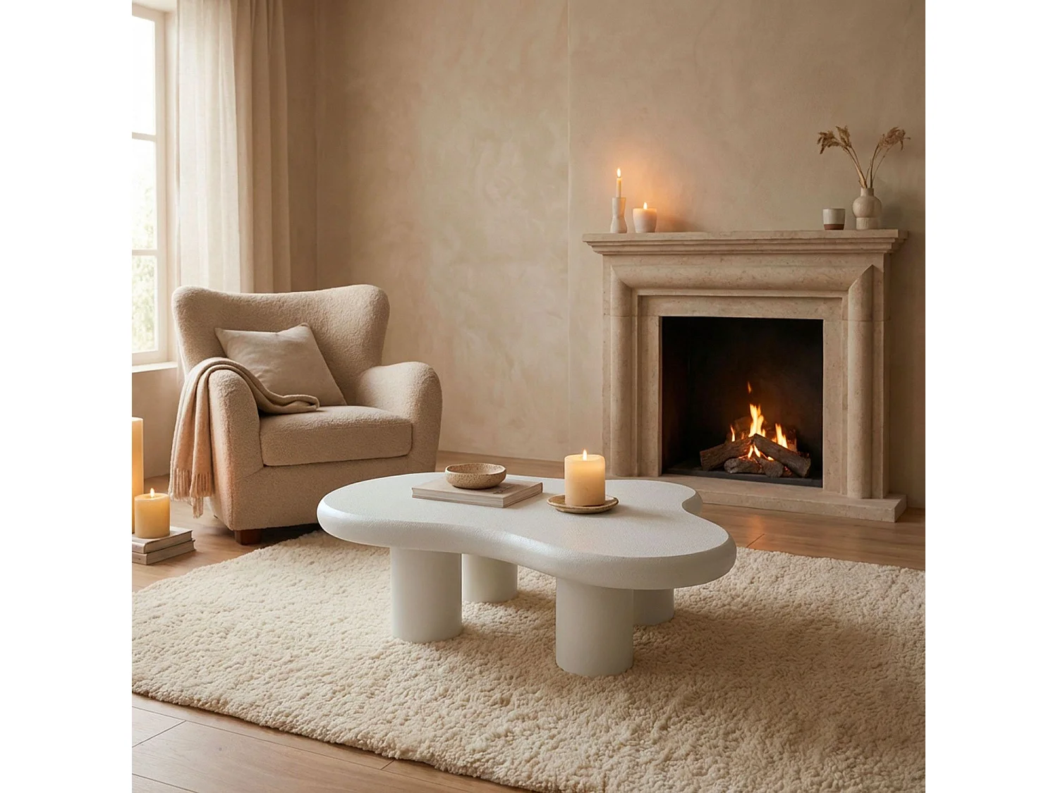 Table basse forme courbes naturelles Valdo 69x100cm Blanc texturé