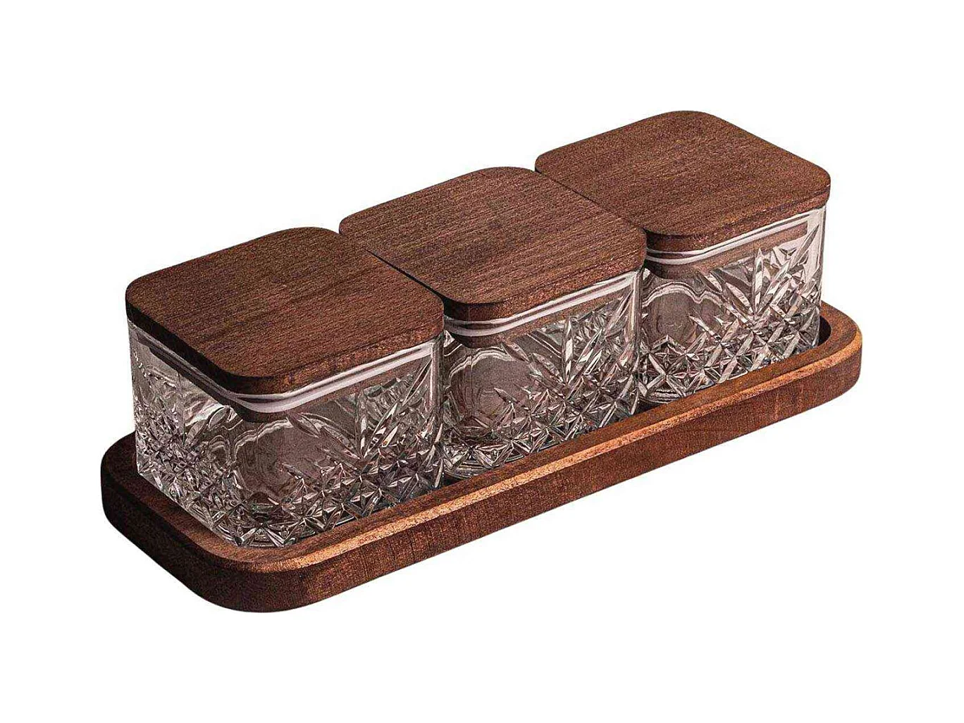 Ensemble pots en verre avec couvercle et plateau bois 3 pots carrés - Milla