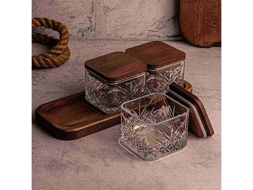 Ensemble pots en verre avec couvercle et plateau bois 3 pots carrés - Milla