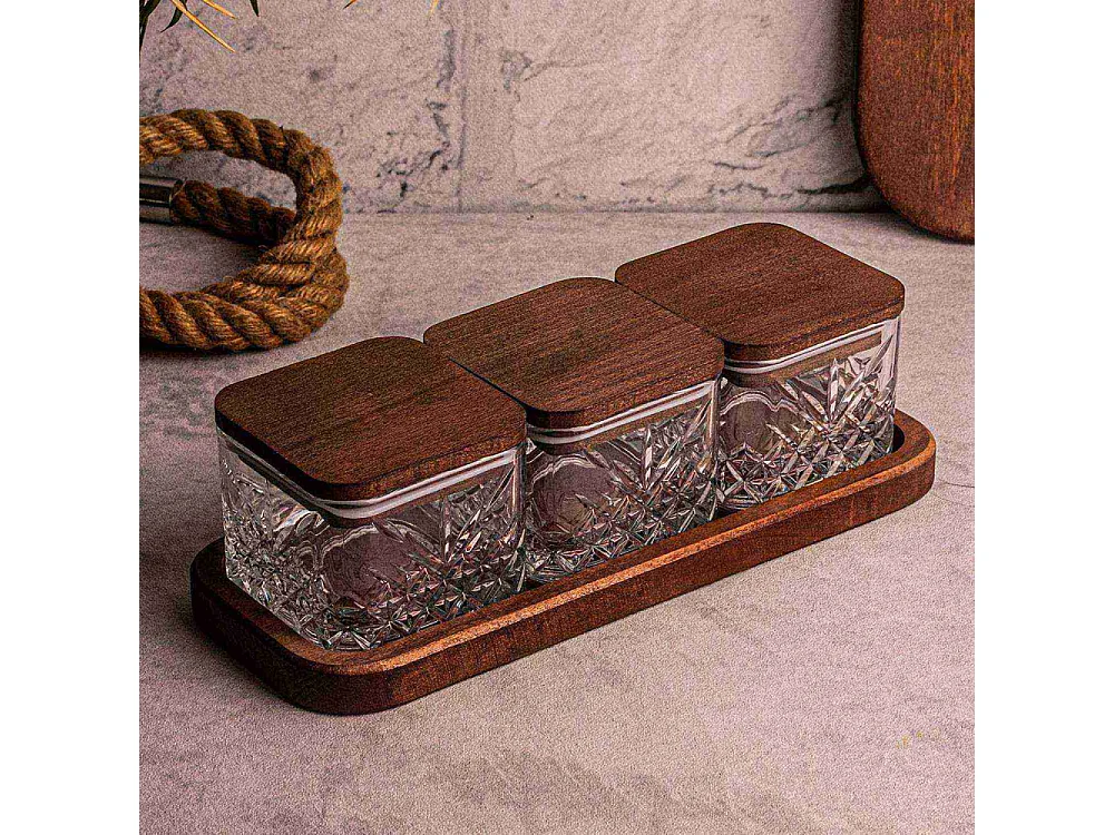 Ensemble pots en verre avec couvercle et plateau bois 3 pots carrés - Milla