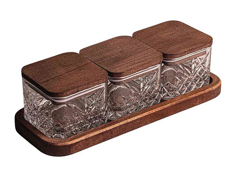 Ensemble pots en verre avec couvercle et plateau bois 3 pots carrés - Milla