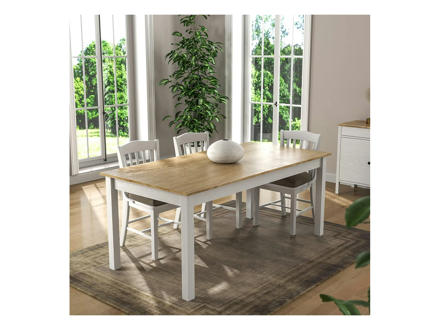 Table à manger blanche, plateau effet bois clair 180 cm CALMA