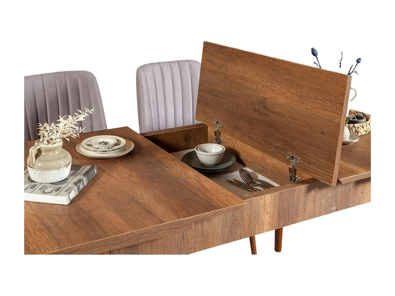 Table extensible effet noyer avec rangement 130-165 cm ORINA