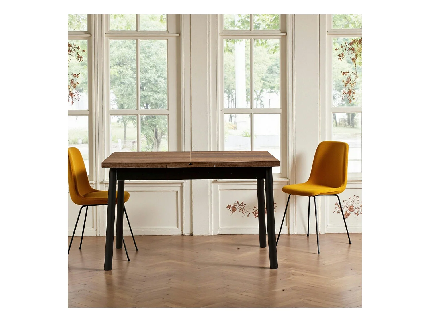 Table extensible effet noyer, pieds noirs 120-153 cm ARDEN