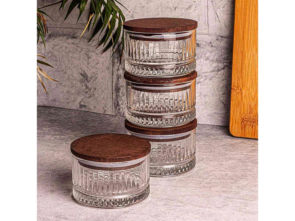 Ensemble pots en verre avec couvercle bois 4 pots ronds - Bella