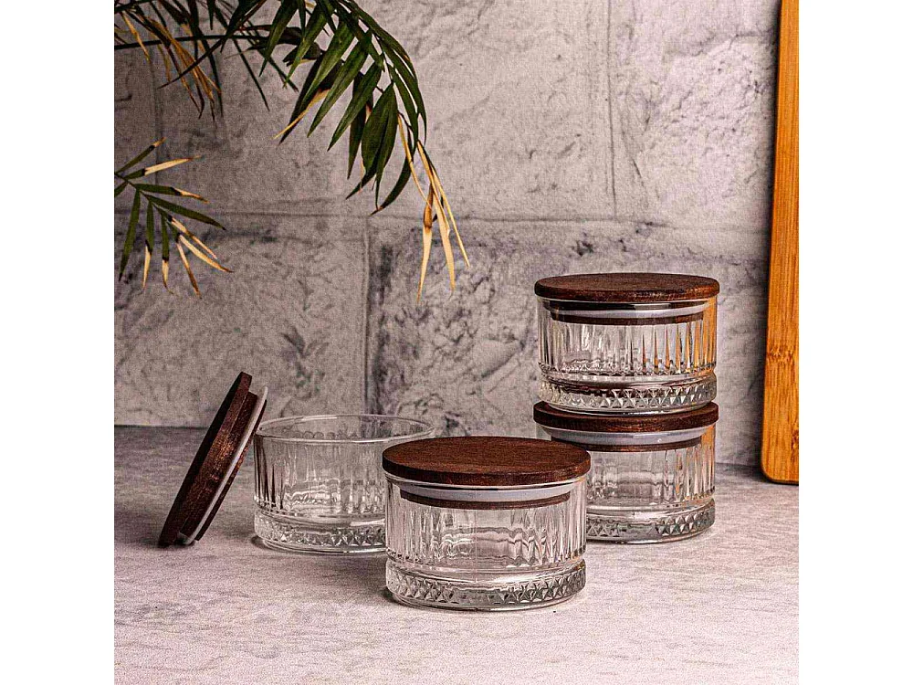 Ensemble pots en verre avec couvercle bois 4 pots ronds - Bella