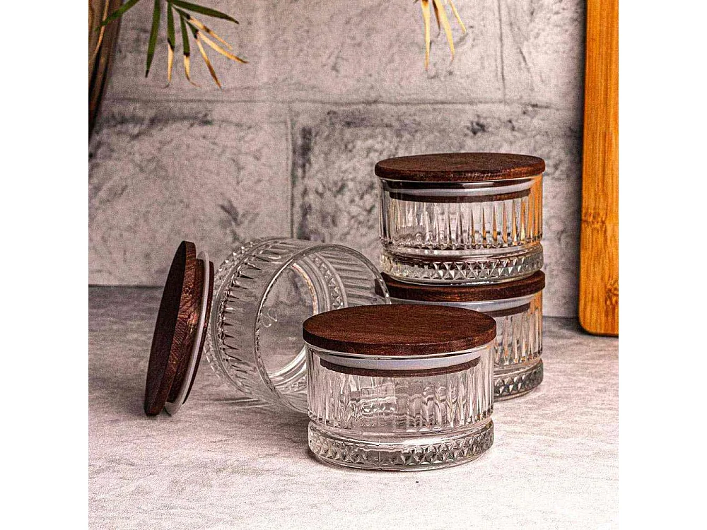 Ensemble pots en verre avec couvercle bois 4 pots ronds - Bella
