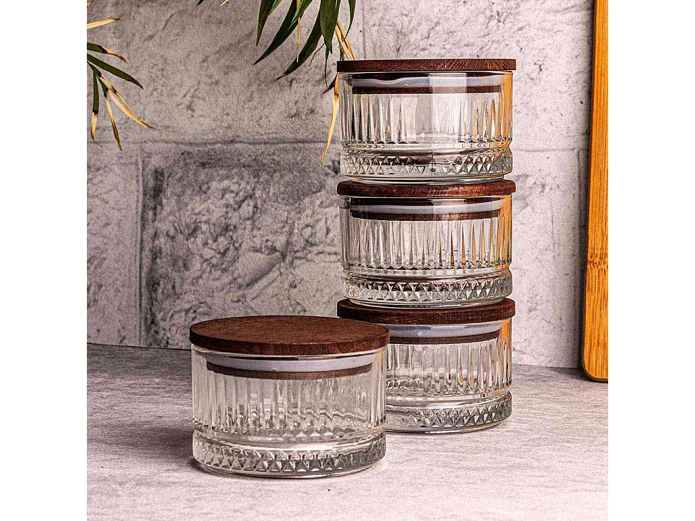 Ensemble pots en verre avec couvercle bois 4 pots ronds - Bella