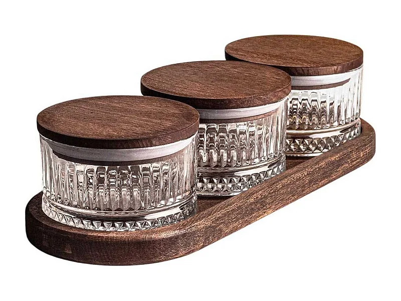 Ensemble pots en verre avec couvercle et plateau bois 3 pots ronds - Bella rond