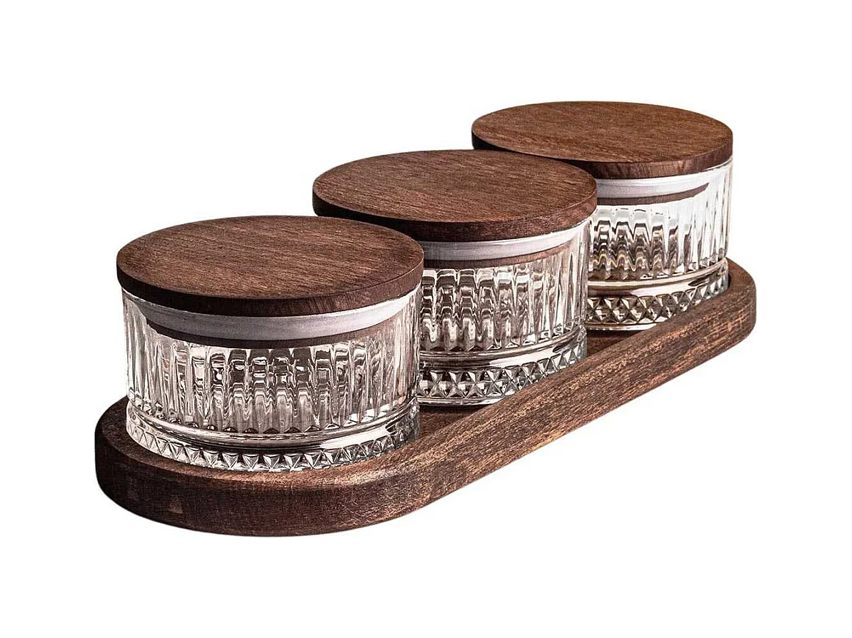 Ensemble pots en verre avec couvercle et plateau bois 3 pots ronds - Bella rond