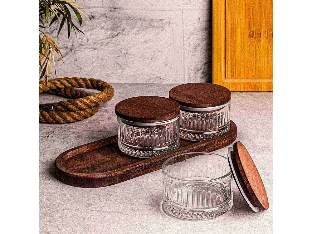Ensemble pots en verre avec couvercle et plateau bois 3 pots ronds - Bella rond