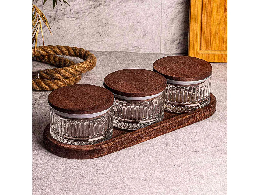 Ensemble pots en verre avec couvercle et plateau bois 3 pots ronds - Bella rond