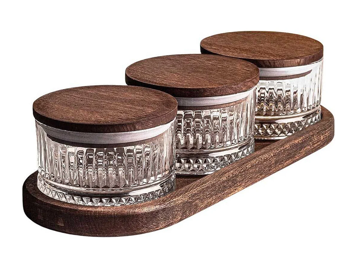 Ensemble pots en verre avec couvercle et plateau bois 3 pots ronds - Bella rond