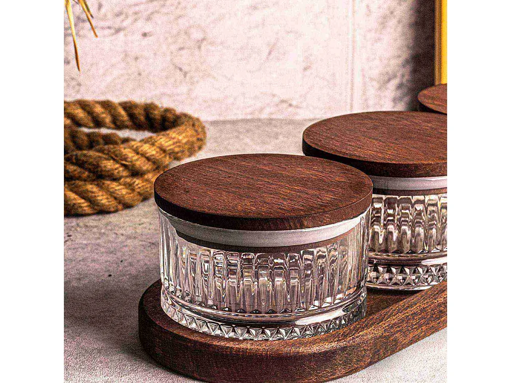 Ensemble pots en verre avec couvercle et plateau bois 3 pots ronds - Bella rond