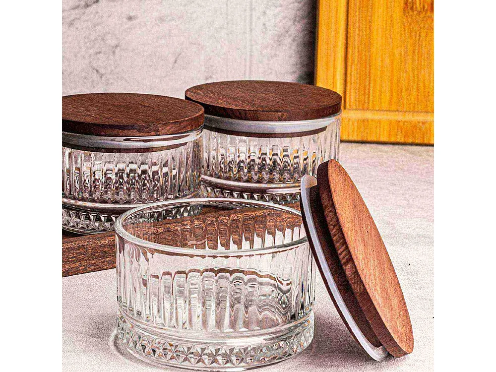 Ensemble pots en verre avec couvercle et plateau bois 3 pots ronds - Bella rond