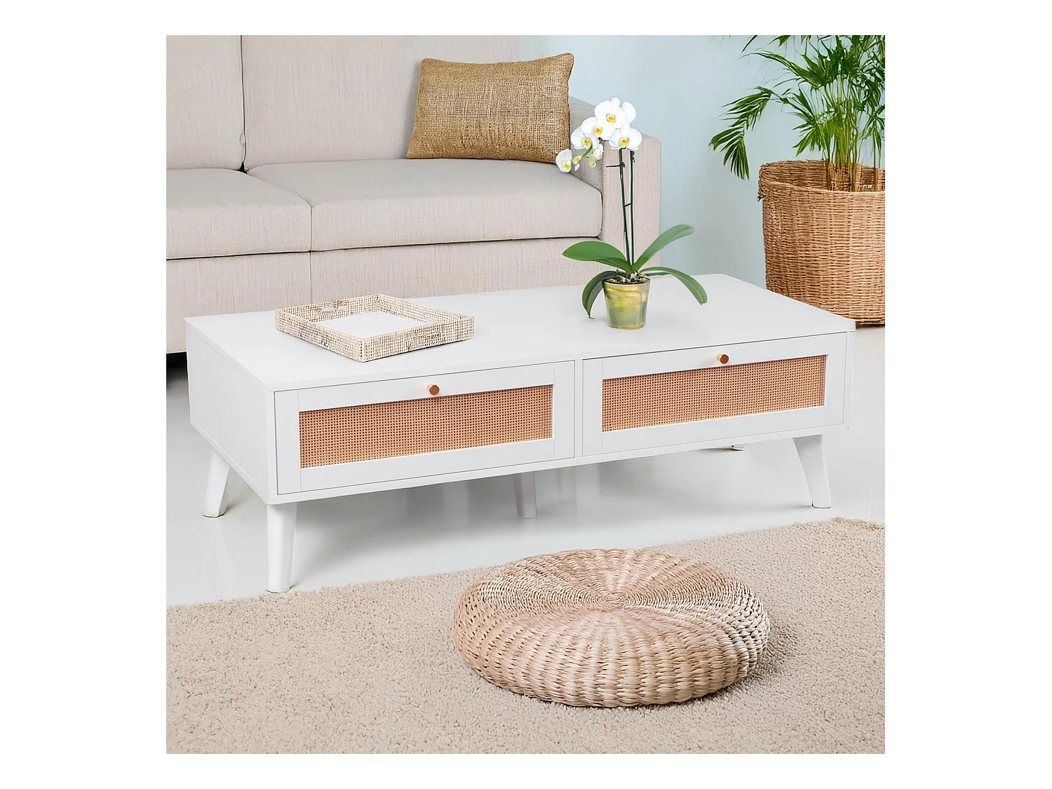 Table basse 2 tiroirs avec cannage Dalgora L120cm Blanc