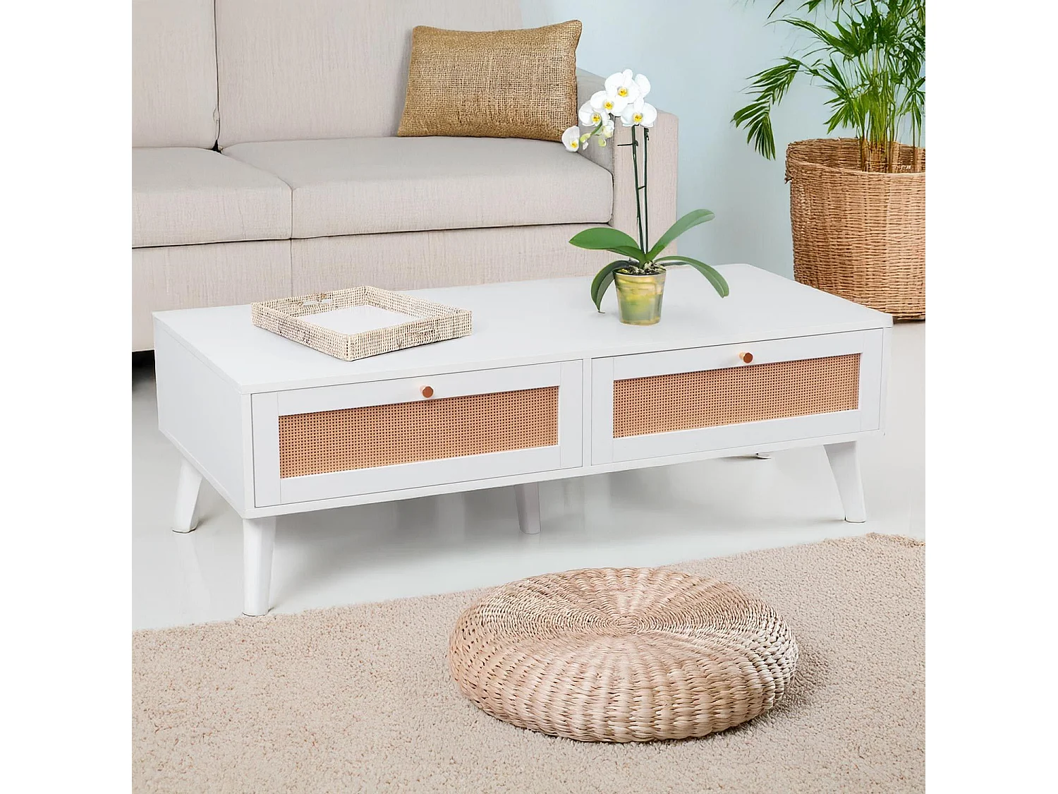 Table basse 2 tiroirs avec cannage Dalgora L120cm Blanc