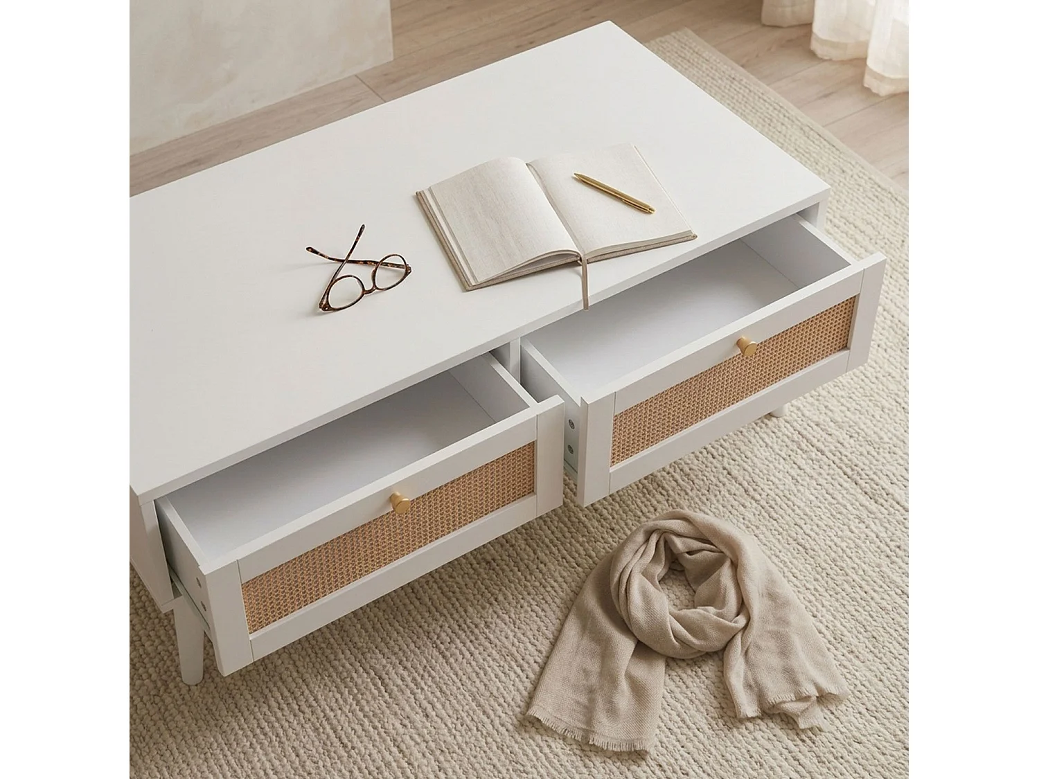 Table basse 2 tiroirs avec cannage Dalgora L120cm Blanc