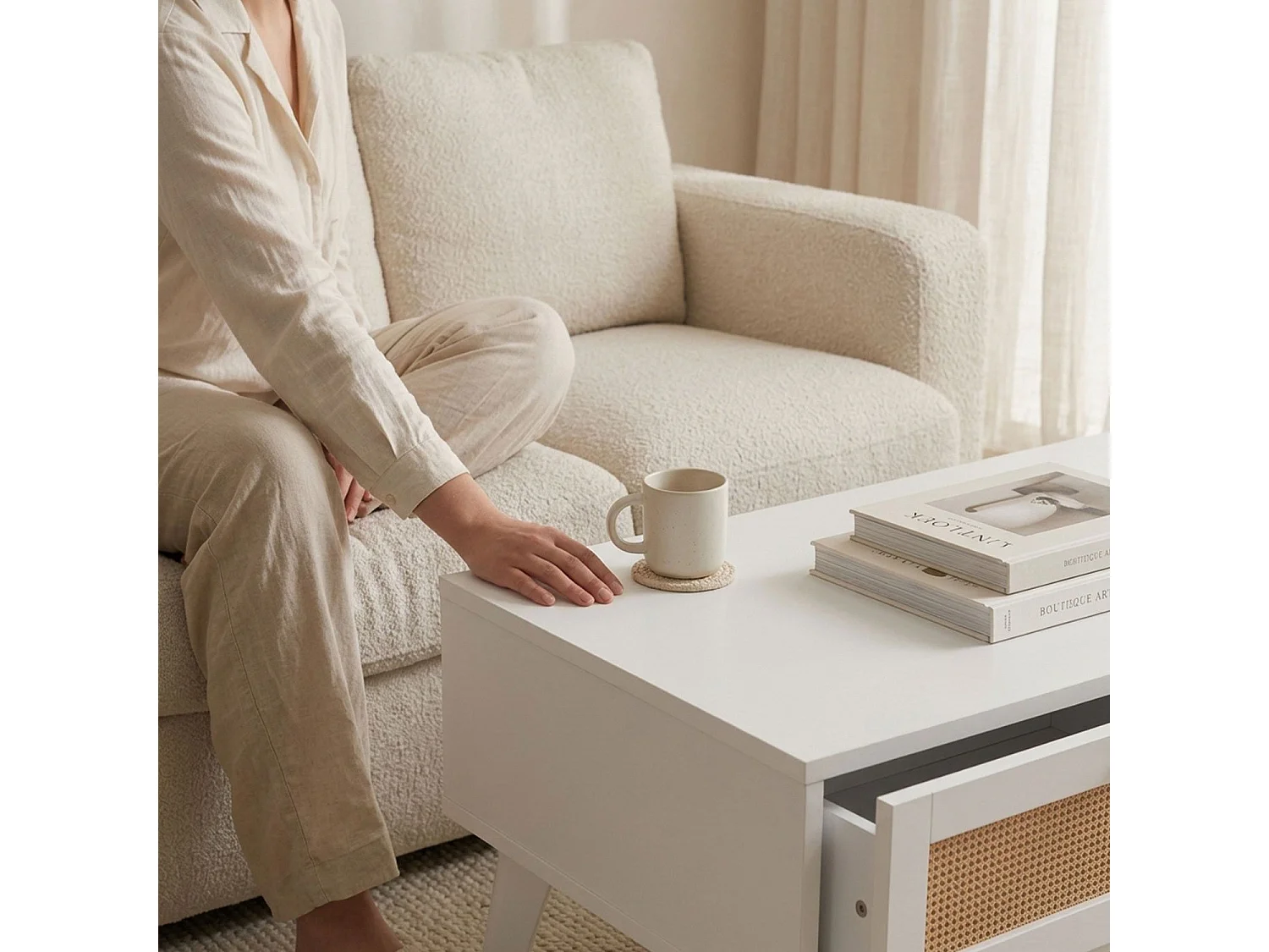 Table basse 2 tiroirs avec cannage Dalgora L120cm Blanc