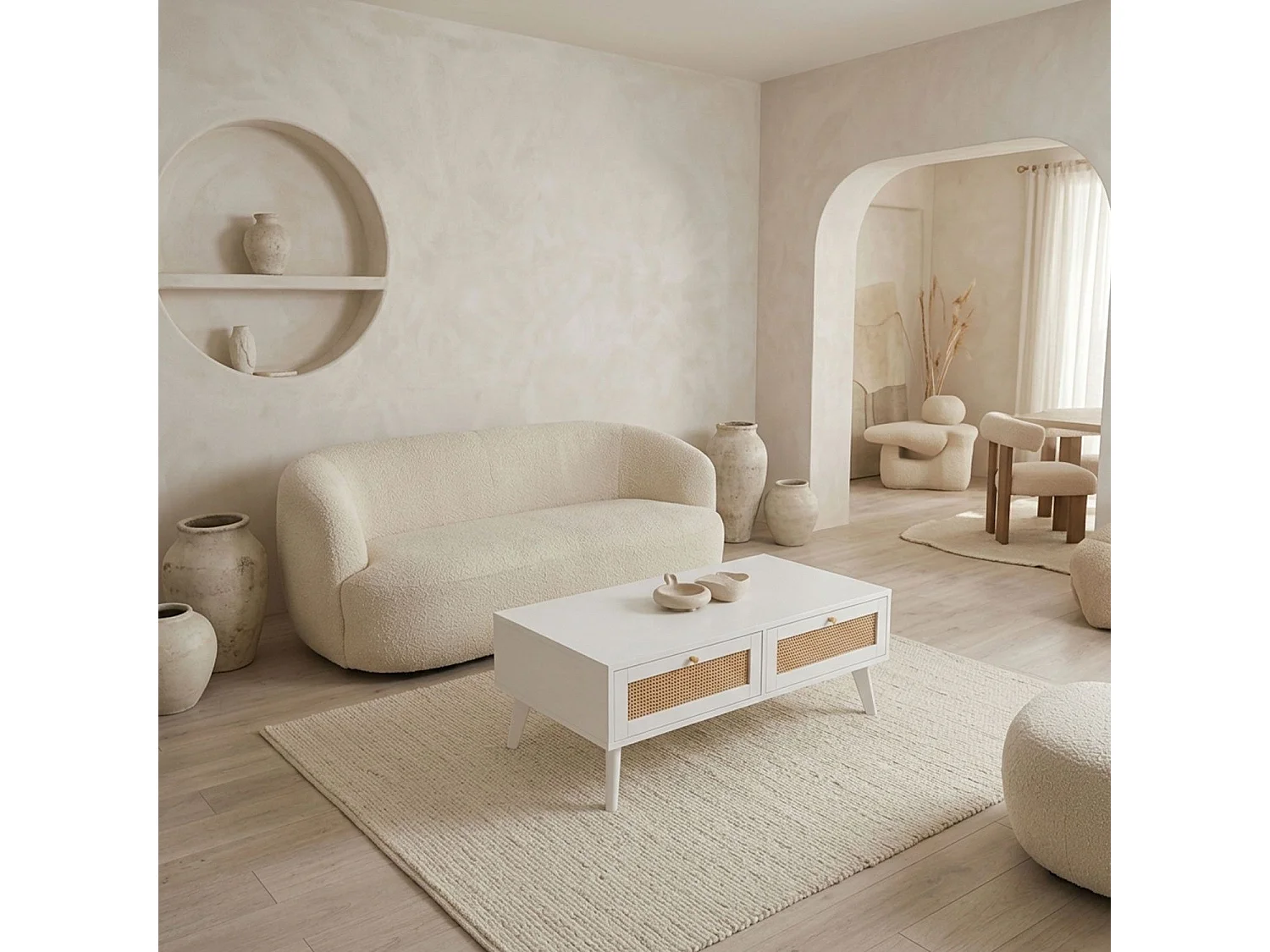 Table basse 2 tiroirs avec cannage Dalgora L120cm Blanc