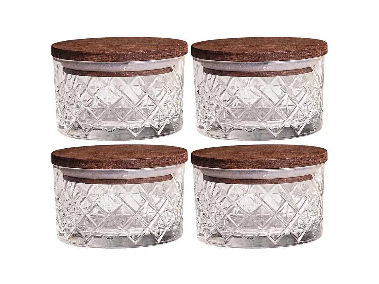 Ensemble pots en verre avec couvercle bois 4 pots ronds - Milla