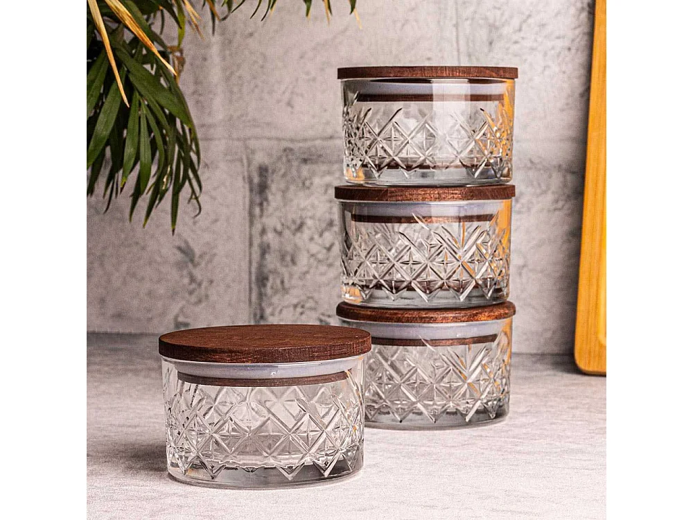Ensemble pots en verre avec couvercle bois 4 pots ronds - Milla
