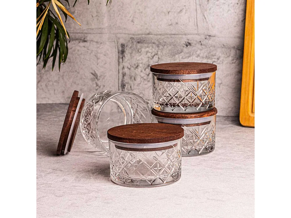 Ensemble pots en verre avec couvercle bois 4 pots ronds - Milla
