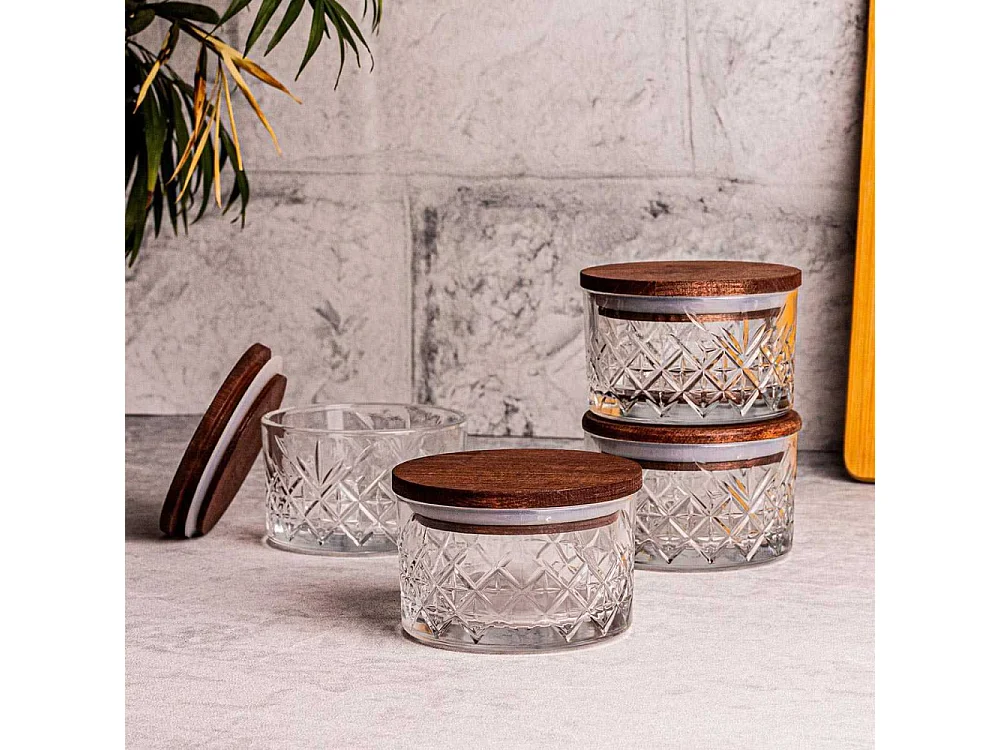 Ensemble pots en verre avec couvercle bois 4 pots ronds - Milla