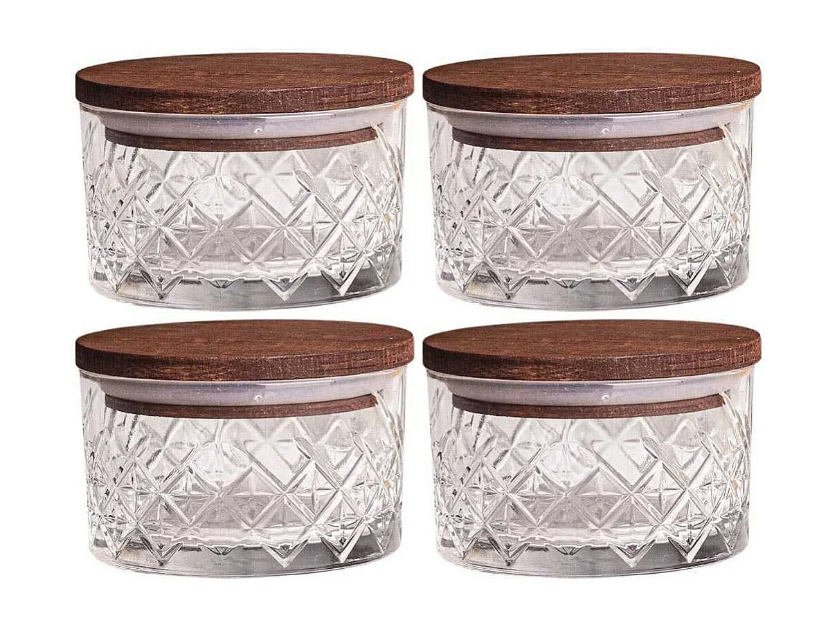 Ensemble pots en verre avec couvercle bois 4 pots ronds - Milla