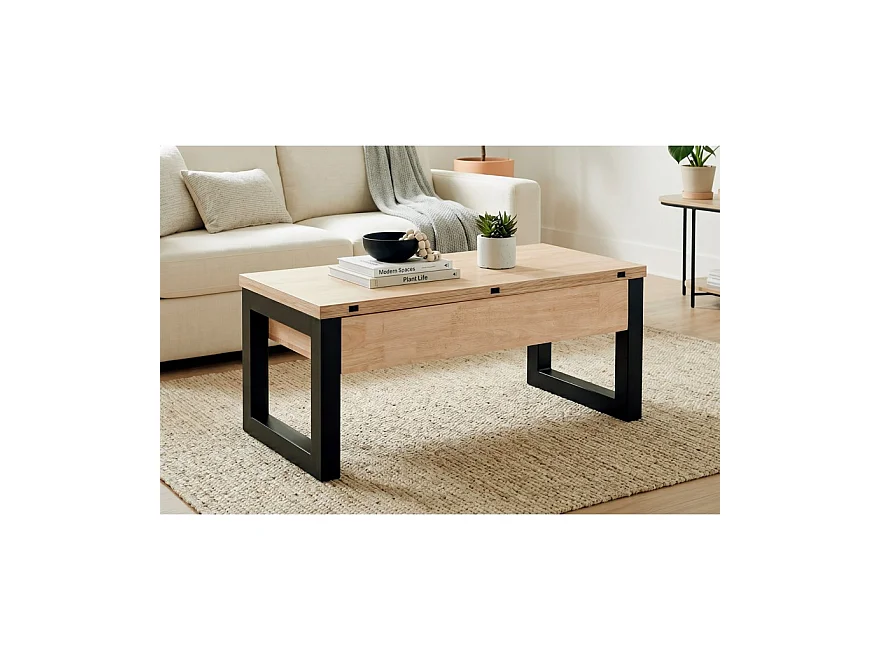 Table basse relevable et extensible coloris chêne nordique/Noir - Longueur  110 x Profondeur 102 - 110 x Hauteur 51 cm
